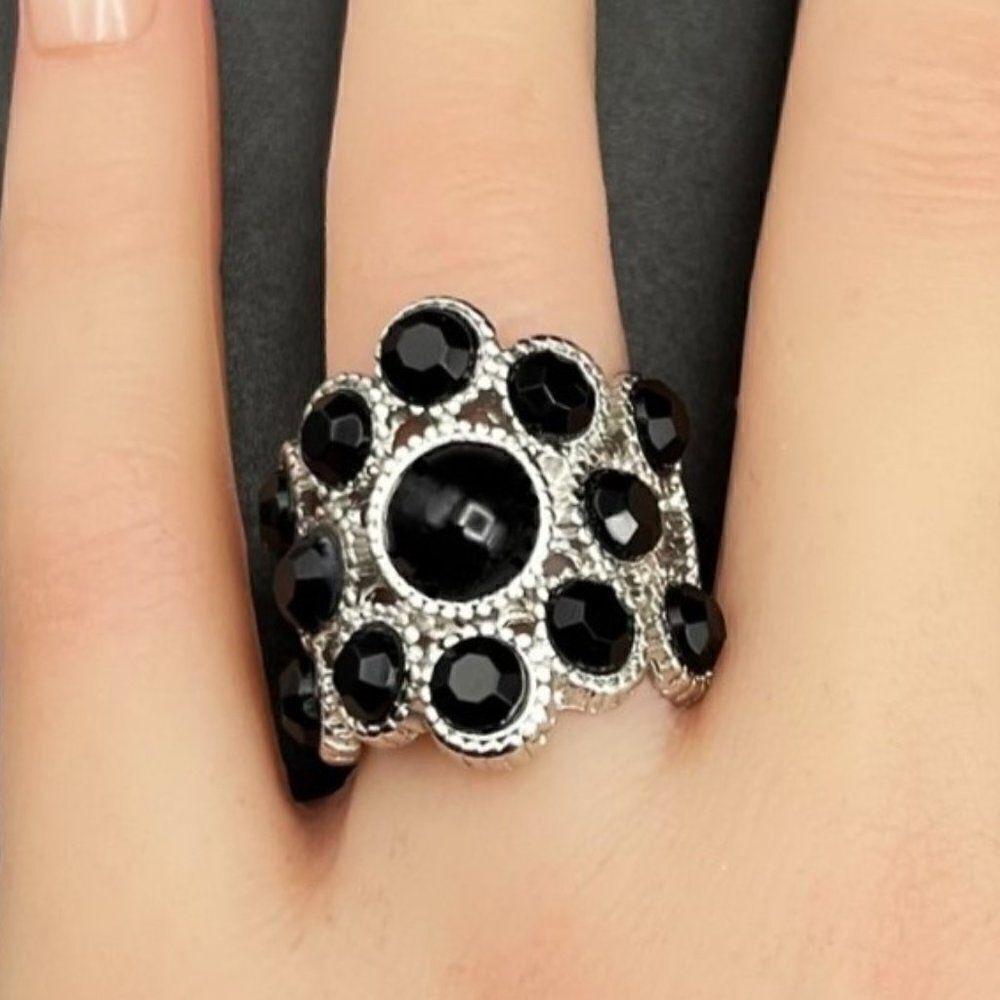 925 Sterling Silver with Black Onyx Crystal and Lucite Statement Ring Size 7
